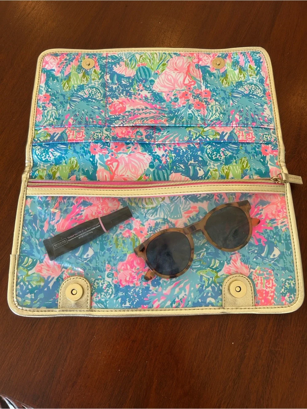 Lilly Pulitzer Travel Cosmetic Organizer Fold Up Makeup Case Gold Trim
